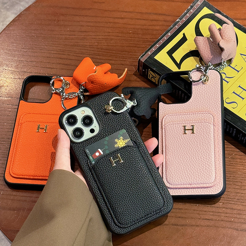 H Card Holder Leather Pendant iPhone Case - Iphonecasehouse