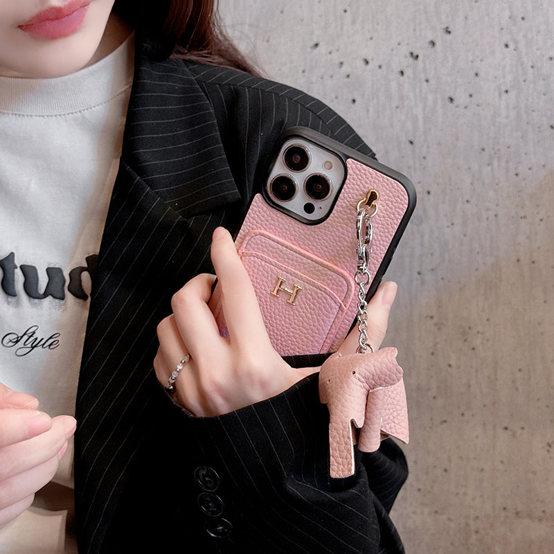 H Card Holder Leather Pendant iPhone Case - Iphonecasehouse