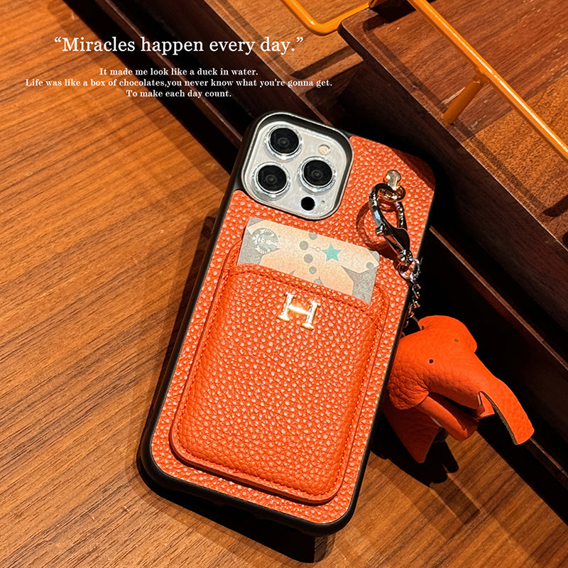 H Card Holder Leather Pendant iPhone Case - Iphonecasehouse