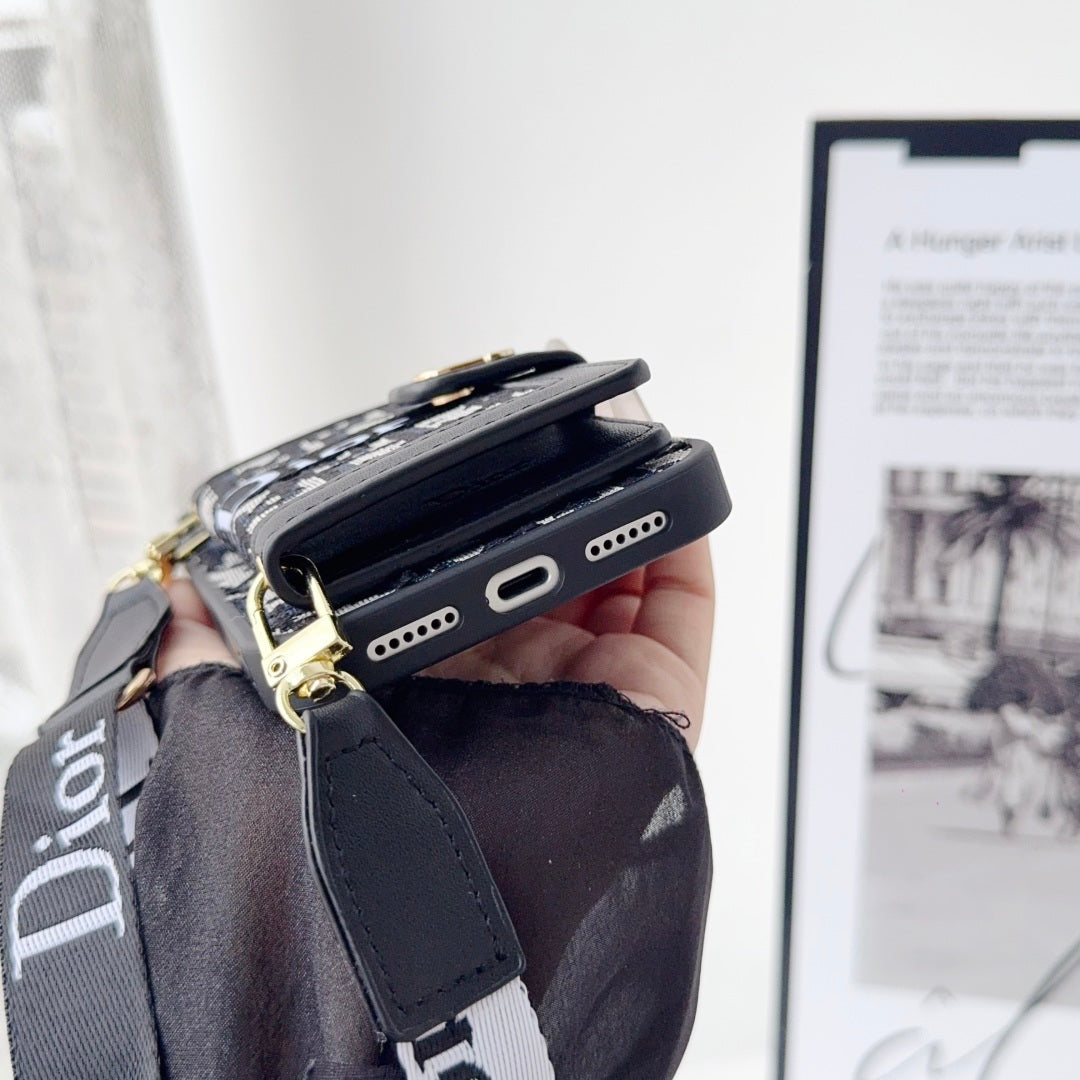 Iphone 17 Dior Advanced leather iPhone Case With Card Wallet And Strap