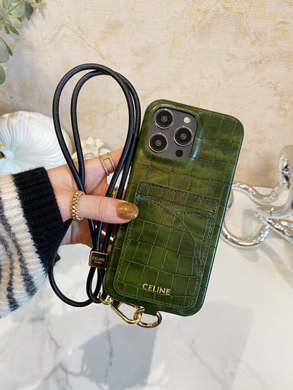 Alligator Print Celine iPhone Case With Card Holder And Strap Green -EYP241415 - Iphonecasehouse