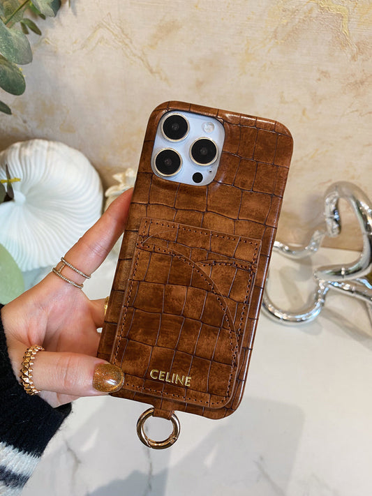 Alligator Print Celine iPhone Case With Card Holder And Strap Brown -EYP241415 - Iphonecasehouse