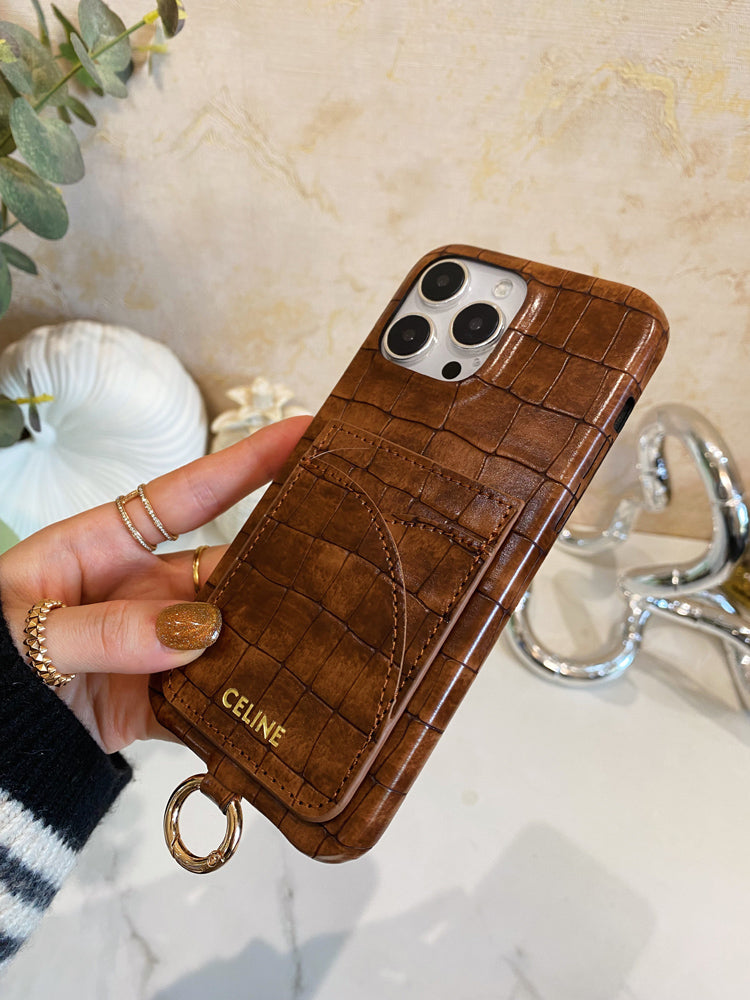Alligator Print Celine iPhone Case With Card Holder And Strap Brown -EYP241415 - Iphonecasehouse