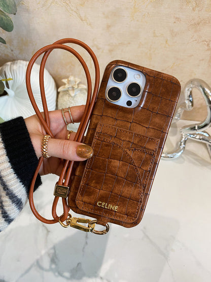 Alligator Print Celine iPhone Case With Card Holder And Strap Brown -EYP241415 - Iphonecasehouse