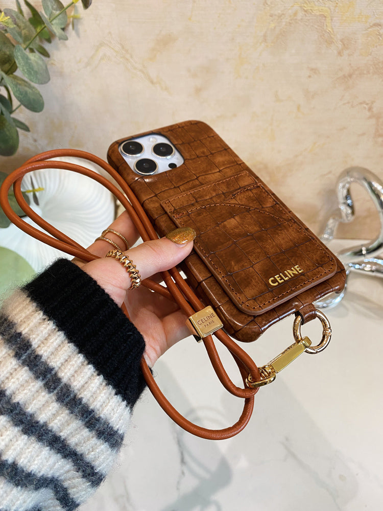 Alligator Print Celine iPhone Case With Card Holder And Strap Brown -EYP241415 - Iphonecasehouse