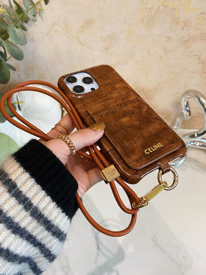 Alligator Print Celine iPhone Case With Card Holder And Strap Brown -EYP241415 - Iphonecasehouse
