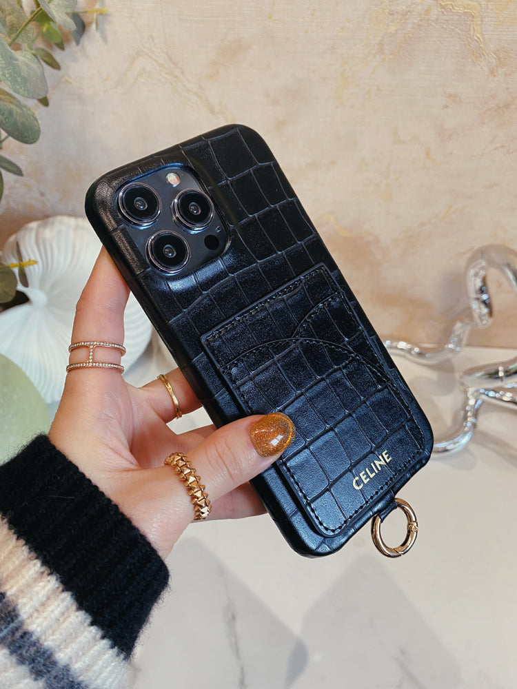 Alligator Print Celine iPhone Case With Card Holder And Strap Blcak -EYP241415 - Iphonecasehouse