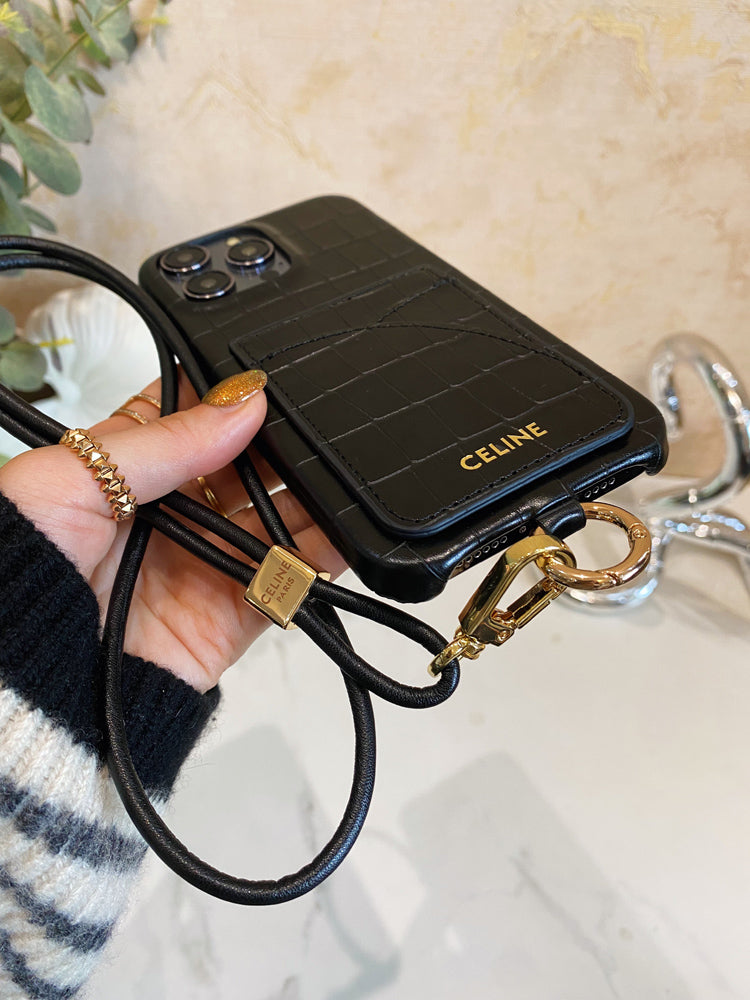 Alligator Print Celine iPhone Case With Card Holder And Strap Blcak -EYP241415 - Iphonecasehouse