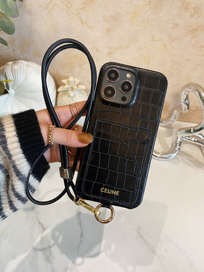 Alligator Print Celine iPhone Case With Card Holder And Strap Blcak -EYP241415 - Iphonecasehouse