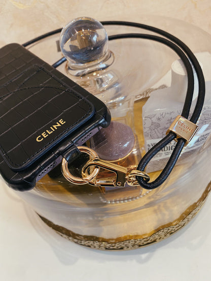 Alligator Print Celine iPhone Case With Card Holder And Strap Blcak -EYP241415 - Iphonecasehouse