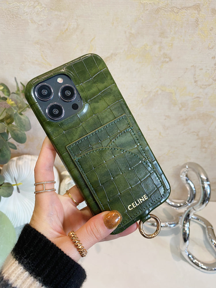 Alligator Print Celine iPhone Case With Card Holder And Strap Green -EYP241415 - Iphonecasehouse