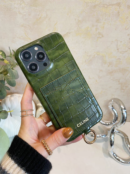 Alligator Print Celine iPhone Case With Card Holder And Strap Green -EYP241415 - Iphonecasehouse