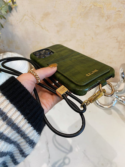 Alligator Print Celine iPhone Case With Card Holder And Strap Green -EYP241415 - Iphonecasehouse