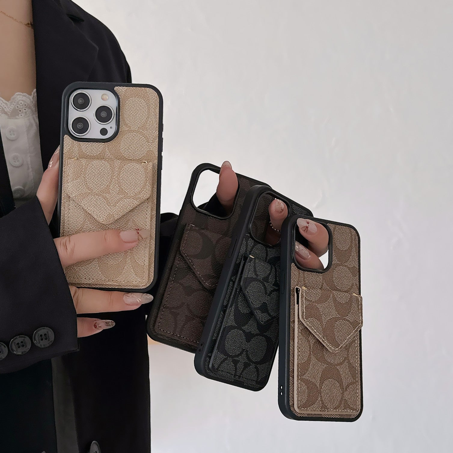 Coach iPhone Case With Card Holder And Strap Light Black -SJ240513 - Iphonecasehouse