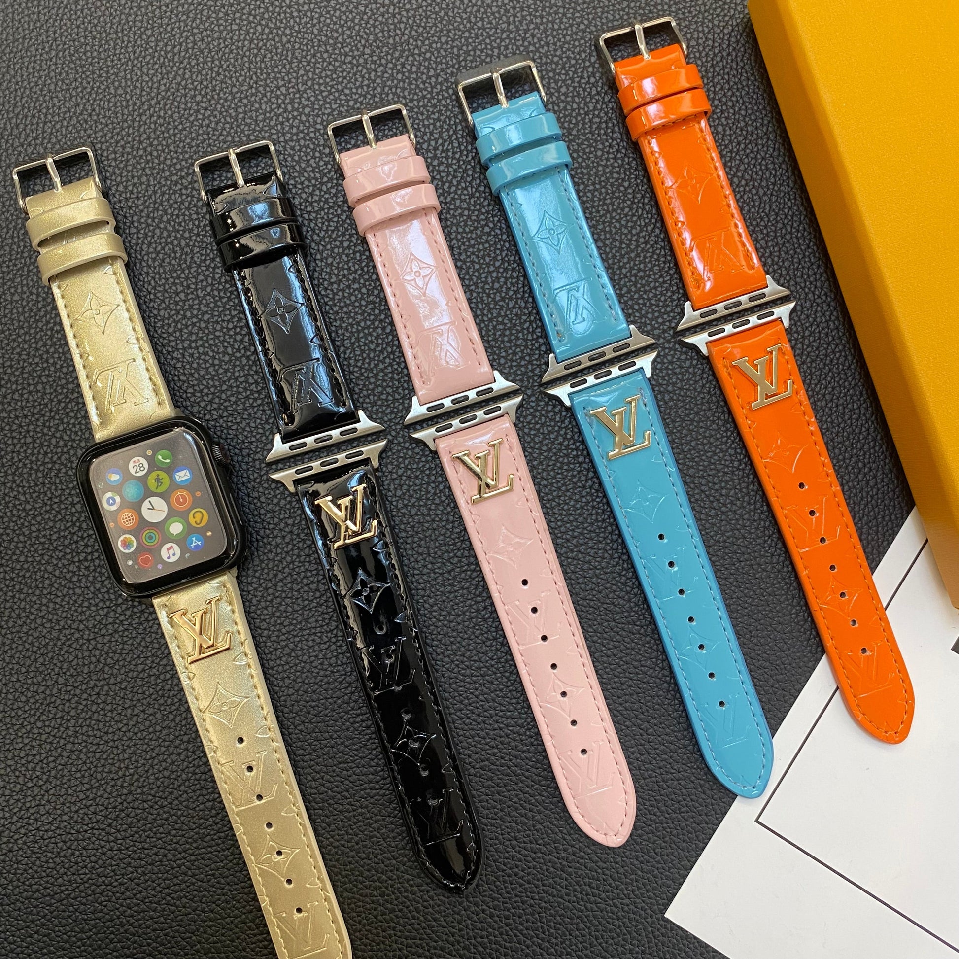 GLOSSY LEATHER APPLE WATCH STRAP LUXURY METAL LOGO - Iphonecasehouse